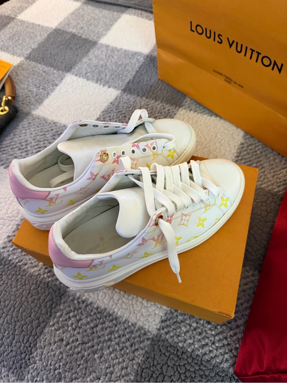 Louis Vuitton White Leather Sneakers with Pink & Yellow Monogram